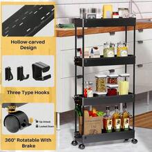 4-Tier Slim Rolling Storage Cart Storage Cart Organizer Rolling Utility Cart, Mobile Shelving Unit Slide Out Storage Shelves For Kitchen Living Room Bathroom Laundry Room & Dressers Outdoor Decor - 黑色 - 查看 9