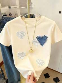 Loose Fit T-Shirt [With Simulated 2D Print], Casual Short Sleeve T-Shirt, Regular Fit, Machine Washable, Essential For Spring And Summer, Soft And Comfortable, Women's T-Shirt With Simulated Cartoon Pearl Heart Print. - 杏色 - 查看 1