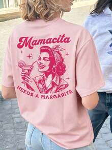 Camiseta de manga corta con cuello redondo y estampado de letras para mujer, estilo casual, versátil para vacaciones y uso diario, estilo urbano, primavera/verano. - Rosa - Ver 1