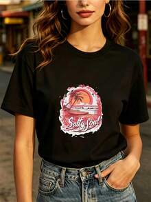 Salty Soul 180g Fashion T-Shirt For Everyday Wear, Soft And Comfortable, Suitable For Summer Music Festivals, Family Gatherings, Company Team Building Activities, A Gift For Her/Him, 2023 Fashion Printed T-Shirt, Vintage Design, Fun And Casual Unisex. - 黑色 - 查看 7