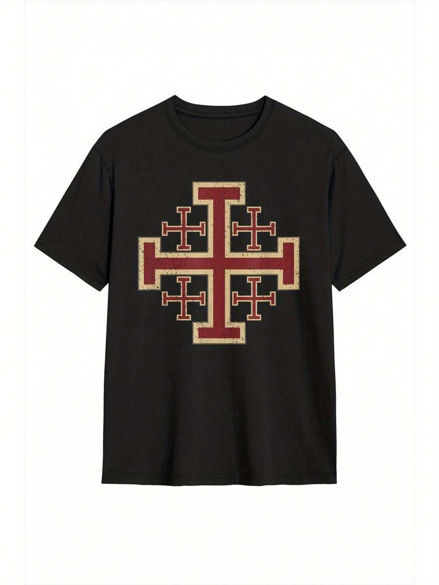 Men's Templar T-Shirt With Jerusalem Cross - Casual Geometric Design With Crew Neck, Machine Washable, Comfortable Clothing | Clothing With Religious Prints, Religious Sweaters, Faith T-Shirts, Church T-Shirts, T-Shirts With Biblical Verses. - 黑色 - 查看 1