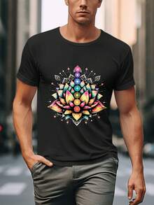 2D Flat Colorful Lotus Chakra Mandala Design On Black T-Shirt Acrylic Pendant Ornament For Yoga Practice And Meditation Sessions Holiday Gift For Spiritual Lovers - 黑色 - 查看 1