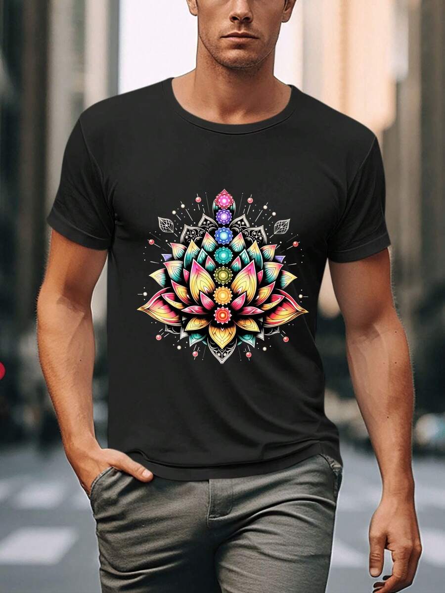 2D Flat Colorful Lotus Chakra Mandala Design On Black T-Shirt Acrylic Pendant Ornament For Yoga Practice And Meditation Sessions Holiday Gift For Spiritual Lovers - 黑色 - 查看 1