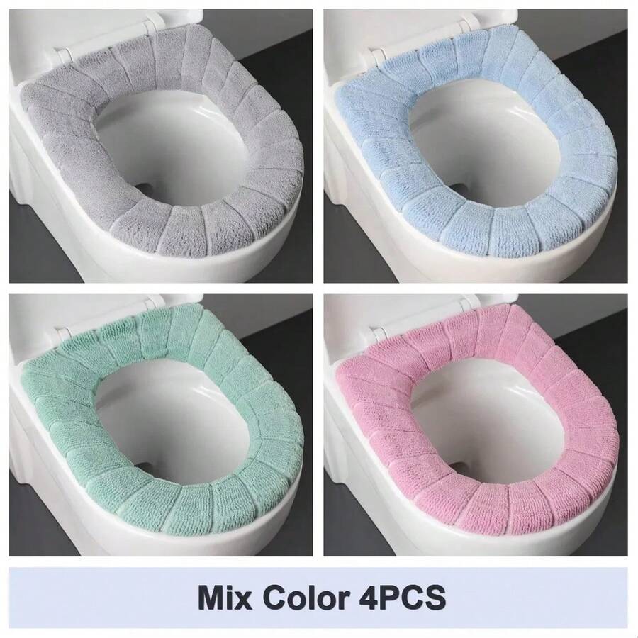 2856 Thick Plush O-Shaped Warm Toilet Seat Cushion, Universal Toilet Seat Cushion, Reusable Winter Toilet Seat Cushion, Toilet Seat Cover - 4 塊純色布料 - 查看 1