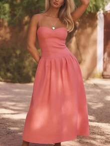 Spring 2026 Maxi Dress, Plain French Style With Straps, Fitted, Elegant - Pink - View 4