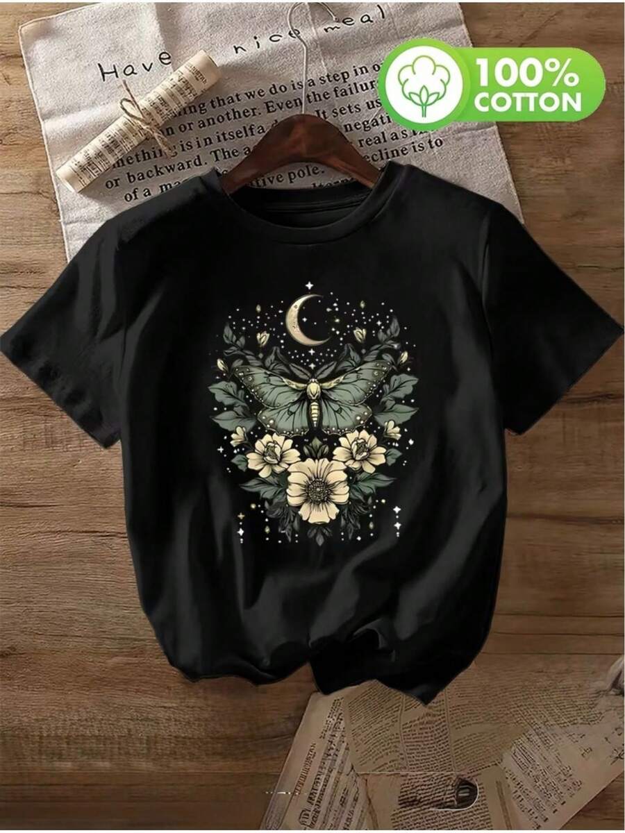 -Sommer Basic T-Shirt With Butterfly And Flower Print, Loose And Comfortable, For Men. - Back - View 1
