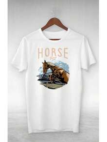 - Unisex Summer Oversized T-Shirt With Jumping Horse Print, Loose And Comfortable - White - View 7
