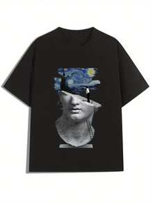 Camiseta Unisex Y2K de Estilo Urbano para Hombre y Mujer, Cómoda para Todas las Temporadas, con Estampados de Estatuas, Pinturas al Óleo Estrelladas, Estilo Punk Urbano Americano, Cuello Redondo, Manga Corta, Top Casual de Moda Deportiva - Negro - Ver 7