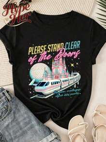 HypeHer Nueva Camiseta de Verano 2026 para Mujer, de Manga Corta, Cuello Redondo Regular, Estampado Casual con Temática de Monorail, Mezcla de Algodón, Regalo Ideal para Niñas o Mamás, Ajuste Veraniego para Mujer.Transpirable y cómoda. - Negro 3 - Ver 7