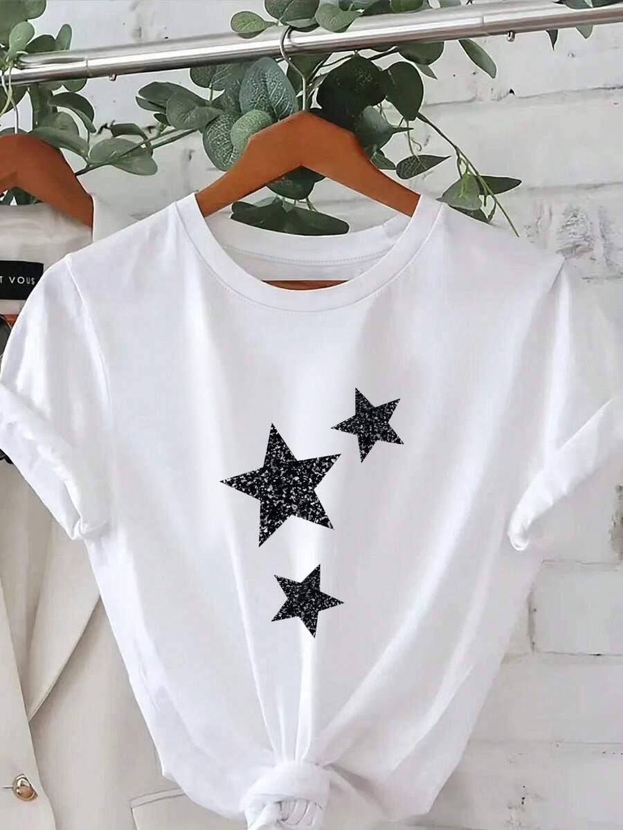 Fashionable Women's T-Shirt With Short Sleeves And Round Neck With Lettering - 白色 - 查看 1