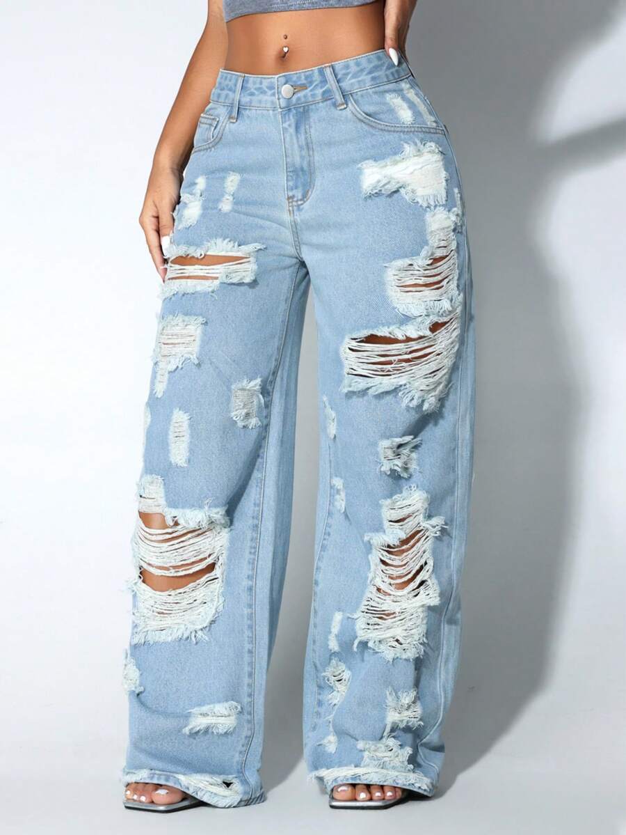 Celana Jeans Wanita Model Low Waist Wide Leg Casual Blue Distressed Slant Pocket Curved - Breezy Blue - View 1