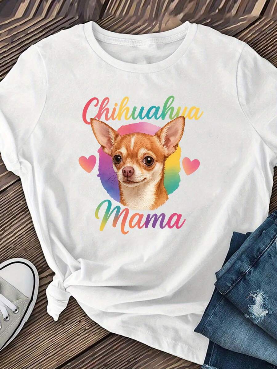 Women's Short-Sleeved T-Shirts With A Chihuahua Mother Theme, Summer Clothes For Women, Casual Short-Sleeved Round Neck Top For Spring And Summer, Casual Short-Sleeved T-Shirt. - 白色 - 查看 1