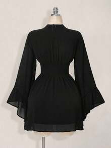 ICON Vestido corto elegante de manga larga con cuello en V y cintura ceñida de unicolor para mujer - Blanco - Ver 11