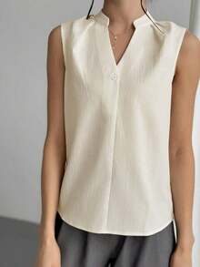 Blusa de cuello en V elegante y chic para oficina con diseño simple y detalles femeninos, blusas sin mangas - Beis - Ver 6