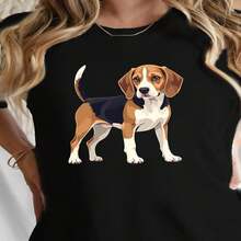 One Piece, Classic And Versatile, Pure Cotton Short-Sleeved T-Shirt Ideal For Wearing In Any Season, Realistic Beagle Dog Design For Women, Modern Style - 黑色 - 查看 2
