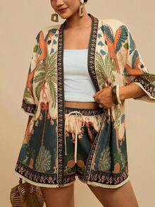 2 piezas Conjunto de talla grande Chaqueta de manga corta con estampado de leopardo, casual y de moda para uso diario - Multicolor 4 - Ver 1