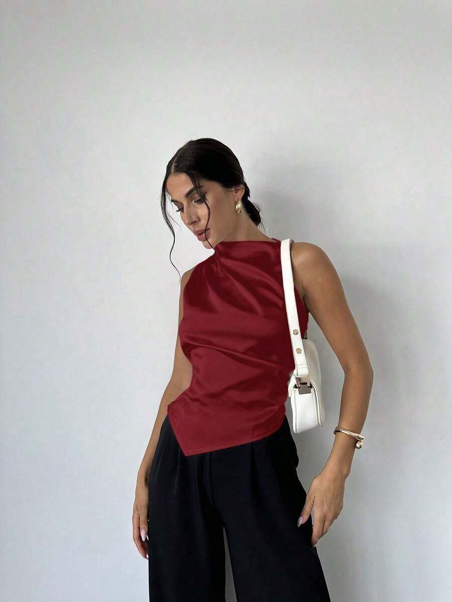 Camisa beige sin mangas con cuello con volantes y bajo curvo, una prenda esencial para la oficina y el tránsito diario para mujeres - Burdeos - Ver 1