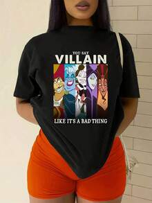 Colorful Illustration Featuring Famous Cartoon Villains Symbolizing The Duality Between Evil And Charisma, Conveying Power And Confidence. Comfortable Casual Women's T-Shirt For Everyday Wear. - 黑色 - 查看 2