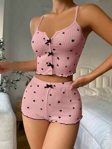 pijama / Pijama con estampado de corazón, ribete contrastante y lazo delantero - Rosa 3 - Ver 4