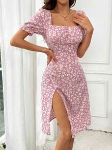 Vestido de manga corta con cuello cuadrado de estampado aleatorio para uso diario sencillo, atuendo de vacaciones y playa para mujeres - Rosa - Ver 4