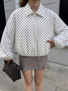Chaqueta con bolsillo con cremallera de lunares rosas para mujer - Abrigo casual suelto con solapa para primavera/otoño - Blanco - Ver 6