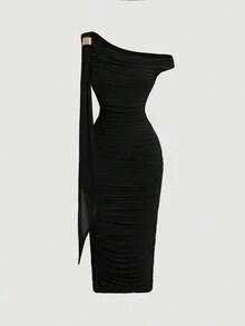 Vestido elegante de longitud media, de corte ajustado, cuello asimétrico y drapeado en unicolor para mujer - Negro - Ver 5