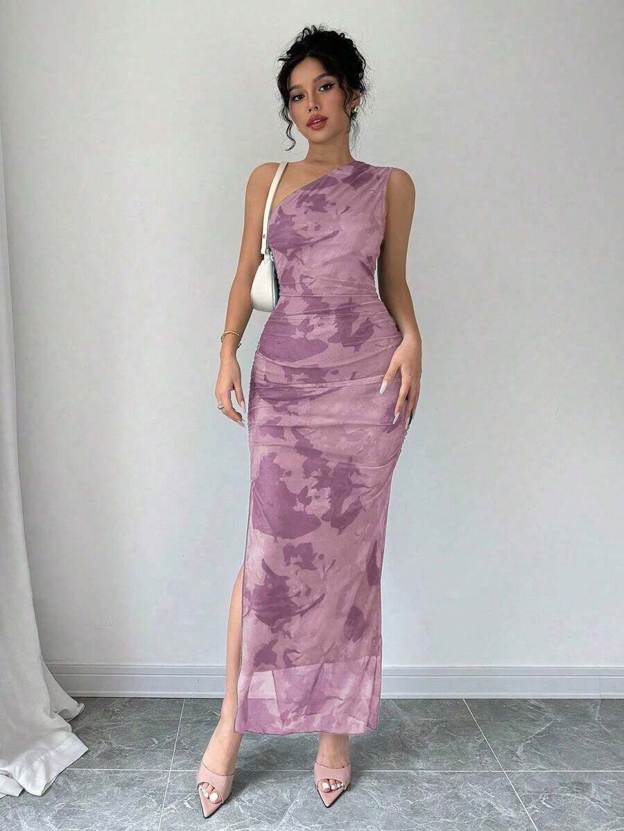 Vestido de noche de lujo para mujer, vestido sexy sin mangas con cuello asimétrico y estampado de teñido anudado - Púrpura malva - Ver 1