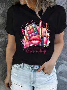 Una camiseta estampada para las que aman el maquillaje, con cuello redondo casual y mangas cortas, ideal para primavera y verano, cómoda y transpirable, perfecta para todas las estaciones, ropa deportiva para mujer - Negro - Ver 3