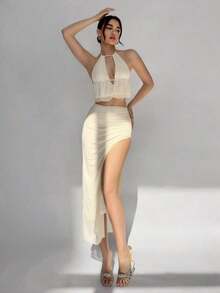 de 2 piezas de top sin mangas y falda de unicolor, conjuntos de verano minimalistas y de moda para mujeres, atuendos elegantes para vacaciones, ropa casual occidental sexy, atuendos para festivales y graduación, conjuntos de playa - Albaricoque - Ver 1