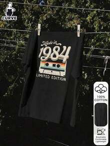 Women's Plus Size 100% Cotton Short Sleeve T-Shirt With 1984 Cassette Tape Print And English Lyrics, Soft Fabric, Casual Summer Top, Graphic Tee, Beach Vacation, Travel Outfit, Minimalist Holiday Style In Black - 黑色 - 查看 7