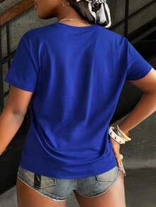 Women's Short-Sleeved T-Shirt With Round Neck And Gold Slogan Print, Urban Fashion Style, Pure-Cotton - 藍色 - 查看 3