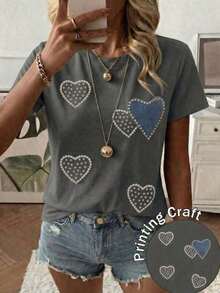 Women's Short-Sleeved T-Shirt With A Round Neck, Loose Fit, Casual And Versatile. Featuring A Modern, Elegant And Sophisticated Print Of Simple Letters, Ideal As A Basic Garment; Made From Soft Fabric With Excellent Drape - 深灰色 3 - 查看 3