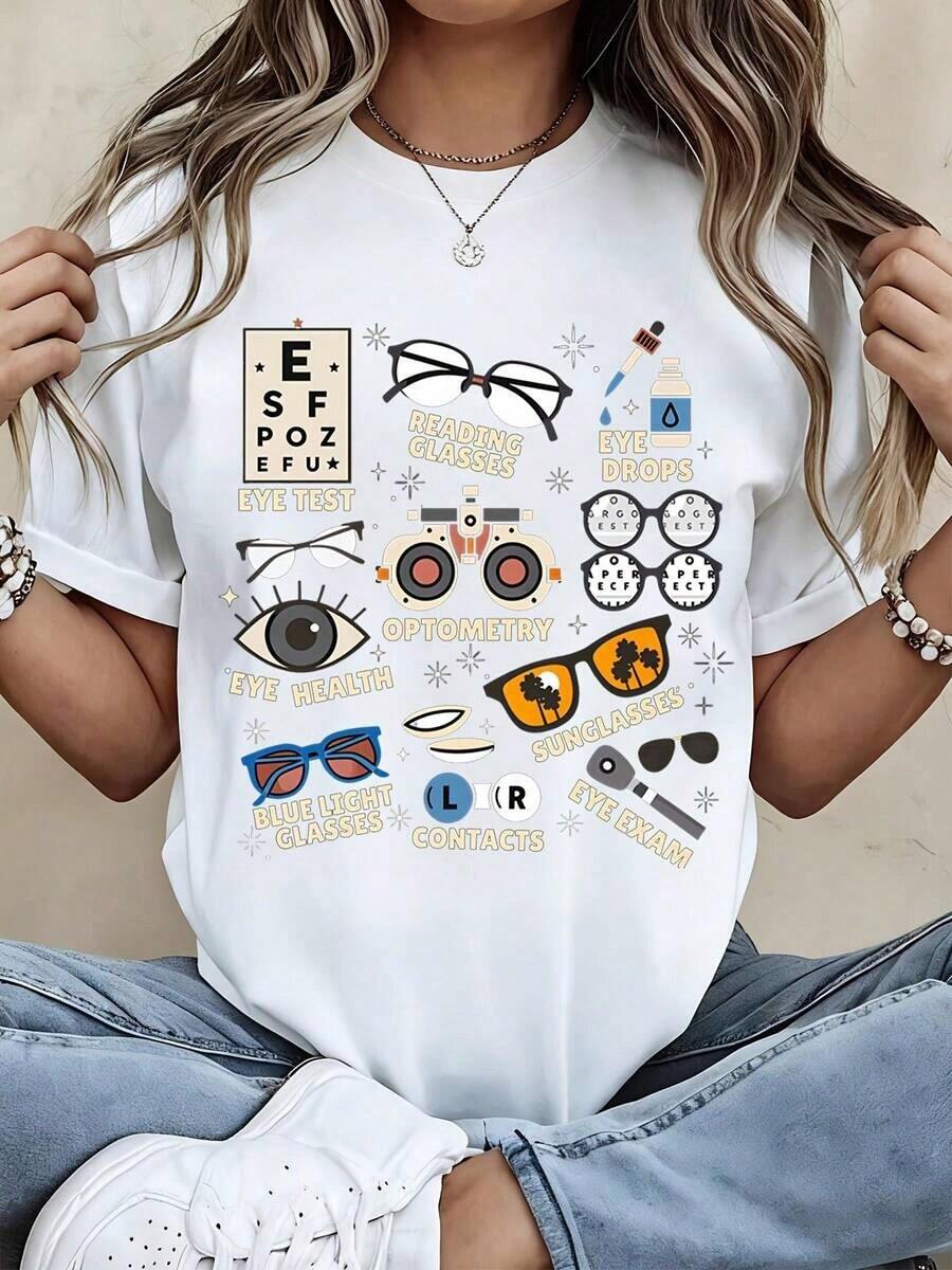 1 Piece Of Women's Round Neck T-Shirt With Optometry Glasses Design, Eye Care Print, Short Sleeve, Casual Wear For Daily Life And Fashion Statement, 180g, 100% Cotton. - 白色 - 查看 1