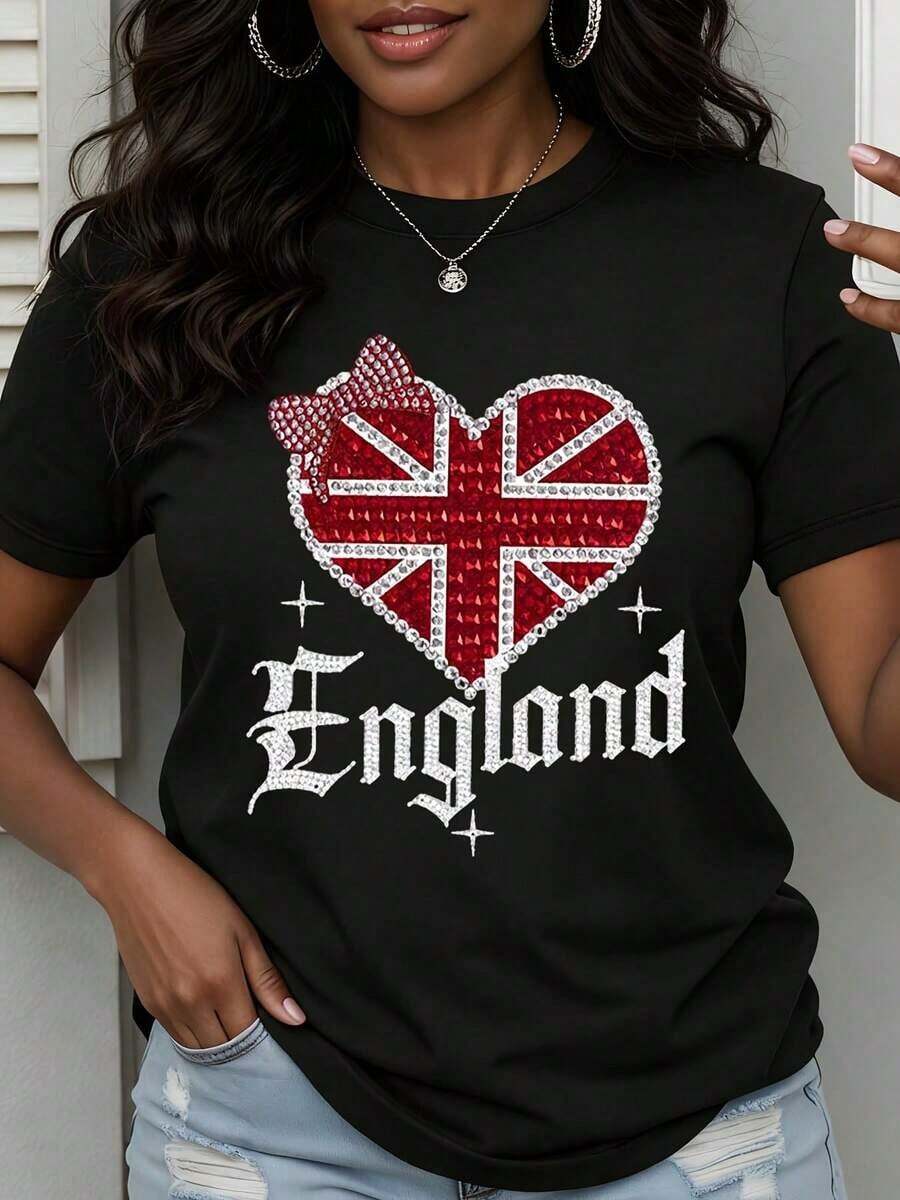 1 Piece Women's T-Shirt With British Patriotic Heart Design With England Flag And Rhinestones, Bright Graphic Top For Casual Wear, 180g 100% Cotton - 黑色 - 查看 1