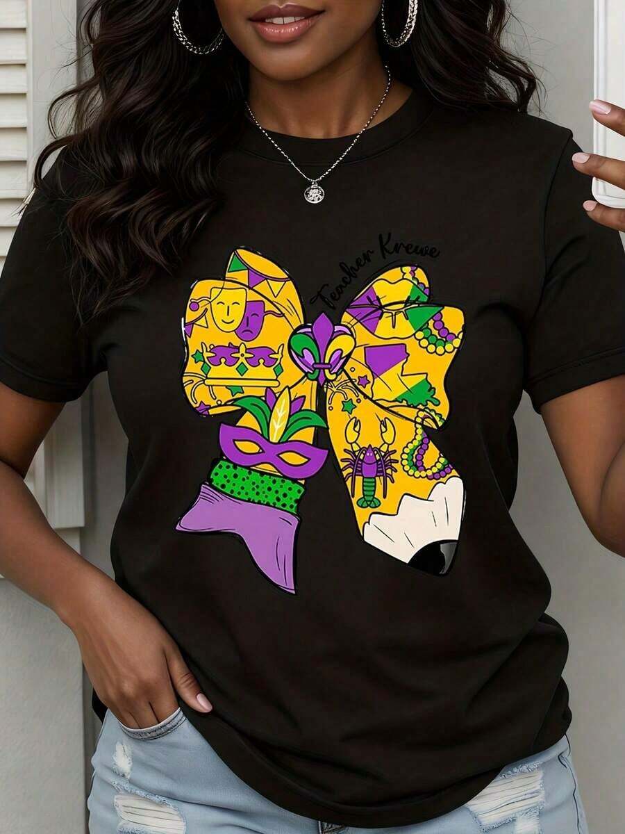 1 Piece Women's Mardi Gras Teacher Krewe Bow T-Shirt, White With Purple, Green And Gold Graphic Design For Carnival Festival Celebration, 180g, 100% Cotton. - 黑色 - 查看 1