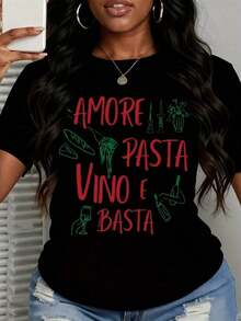 1 Piece Italian Food Lovers T-Shirt "Amore Pasta Vino E Basta" For Women, White, Casual, With Pasta, Wine And Love Design, 180g, 100% Cotton. - 黑色 - 查看 3