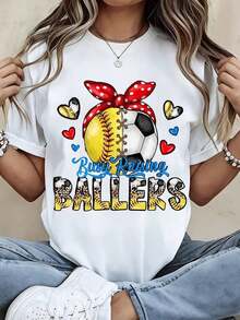 1 Piece Women's Round Neck T-Shirt With Softball And Soccer Ball Print With Red Bow And Hearts, Short Sleeve, Casual Style, For Sporty Moms And Fans, 180g 100% Cotton. - 白色 - 查看 12