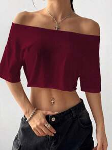 Top corto asimétrico de mujer con cuello blanco y flecos, camiseta de manga corta de moda versátil Y2K oversize y sexy, para primavera/verano - Burdeos - Ver 3