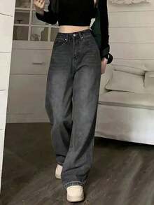 Jeans informales de pierna ancha con bolsillos para adolescentes - Negro - Ver 2