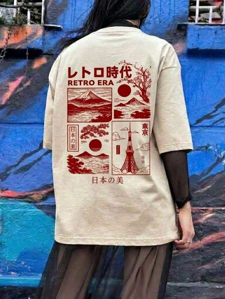 Camiseta de Verano para Mujer con Estampado de Letras, Cuello Redondo y Manga Corta, Estilo Casual, Holgado y Versátil para Vacaciones, Moda de Verano para Uso Diario y Festivo, Color Negro - Albaricoque - Ver 1