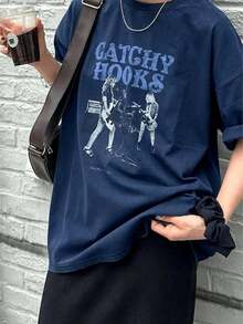 Retro Style Band Print Short Sleeve T-Shirt, Dark Grey, 100% Cotton, Casual Rock Style For Women, Women's Short Sleeve T-Shirt, Women's Top, T-Shirt, 100% Cotton, For Women, Regular Length, Comfortable Pure Cotton Fabric, Machine Washable. - ネイビーブルー - 查看 6