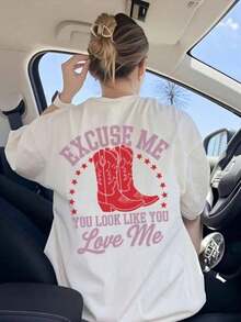 Women's White T-Shirt 100% Cotton - Short Sleeve, Printed With The Fun And Flirty Slogan 'Excuse Me, It Seems You Love Me' And A Pink Cowboy Boot Design, Machine Washable, Breathable And Comfortable, Suitable For Bachelor Parties And Music Festival Outfits, Can Be Worn In Spring, Summer And Autumn. - 白色 - 查看 7