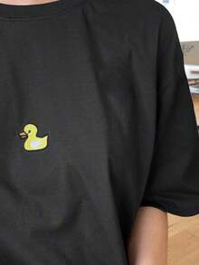 Camiseta oversize de verano con bordado de pato y escote de hombros caídos - Negro - Ver 4