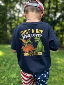 小男孩恐龙印花T恤，“Just A Boy Who Loves Dinosaurs”（我只是个喜欢恐龙的男孩）短袖休闲T恤，海军蓝儿童日常穿着上衣 - 藏蓝色 - 查看 2
