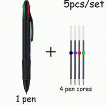 5pcs/Set New High-Quality Black Retractable 4-In-1 Multifunction Ballpoint Pen, 0.7mm 4-Color Refill Cartridges, Smooth Writing, Suitable For Office & School Supplies (1 Pen + 4 Refills) - Four-color Pen - View 7
