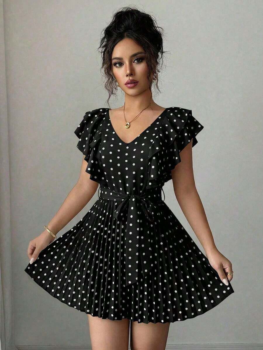 Vestido elegante y romántico para vacaciones con cuello en V con volantes, cintura ceñida y estampado de lunares en forma de línea A para mujeres - Multicolor 7 - Ver 1