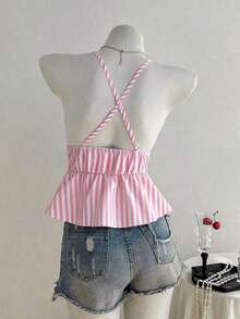 Top de tirantes con espalda cruzada y lazada frontal a rayas azules para vacaciones de verano para mujeres - Rosa - Ver 2