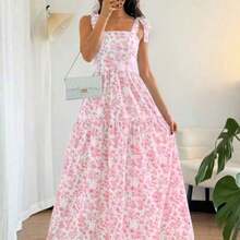 Holidaya French Elegant Pleated Flounce Floral Print Long Dress, Sleeveless V-Neck Ruffled Dress, Summer New Ladies Light Blue Gown Blue And White Floral Dress Long Dress Summer Blue And White Dress Women Women Vacation Dress - Rosa - Ver 1