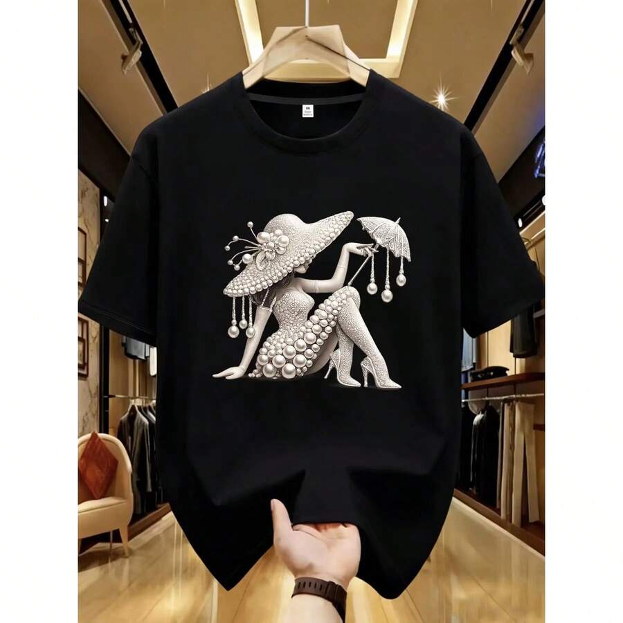 Una combinación de elegancia de alta gama y lujo discreto: una exquisita camiseta estampada, confeccionada exclusivamente para la mujer.Su diseño femenino se adorna con motivos de perlas y cristales, irradiando un refinado sentido del lujo que la convierte en la elección perfecta para el uso diario - negro1(Patrón impreso) - Ver 1