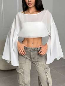 Blusa corta suelta de mangas de murciélago y cuello redondo de unicolor para mujer, de manga tres cuartos, para primavera/verano - Blanco - Ver 5